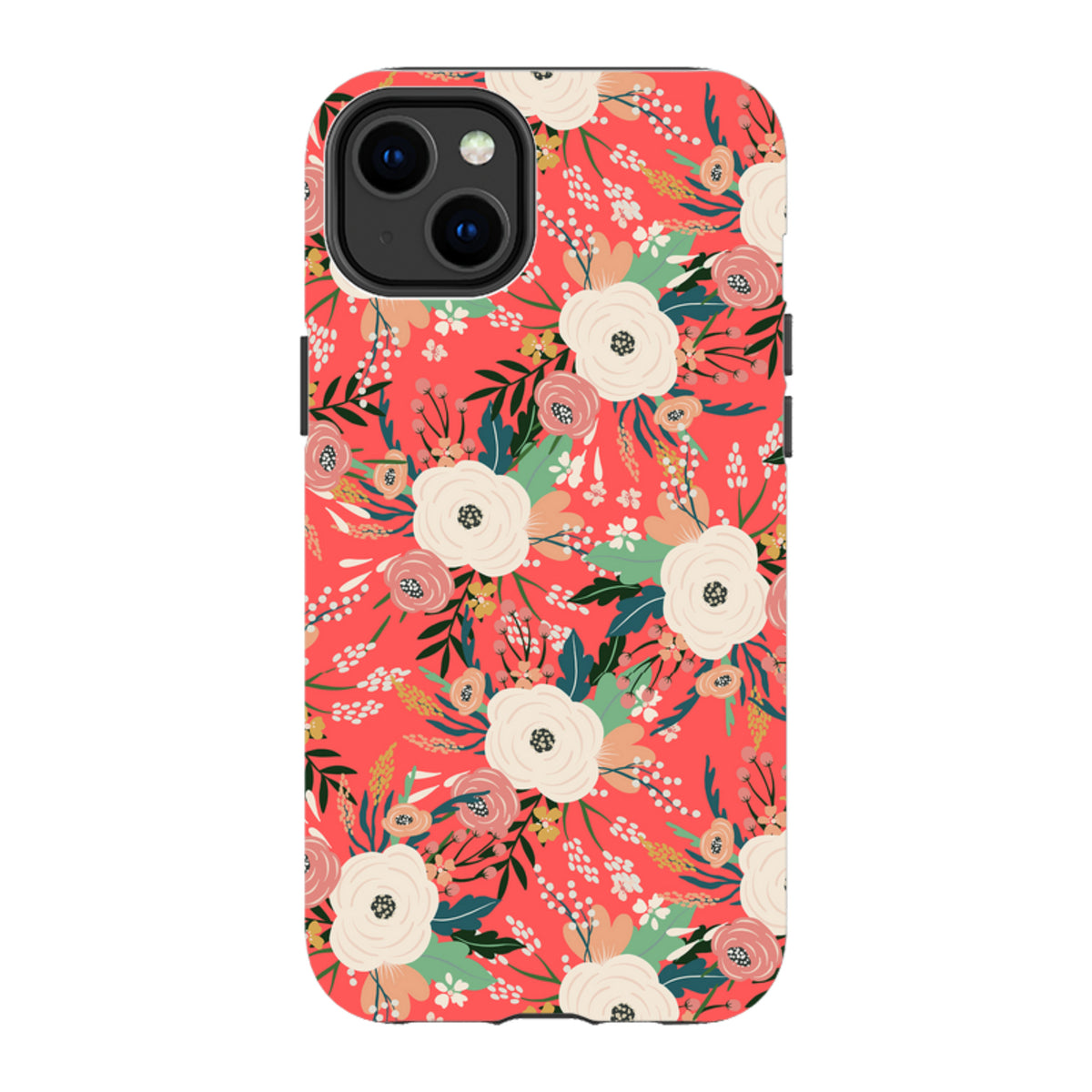 iPhone tough case featuring a vibrant coral background with a detailed white and pink floral botanical print.