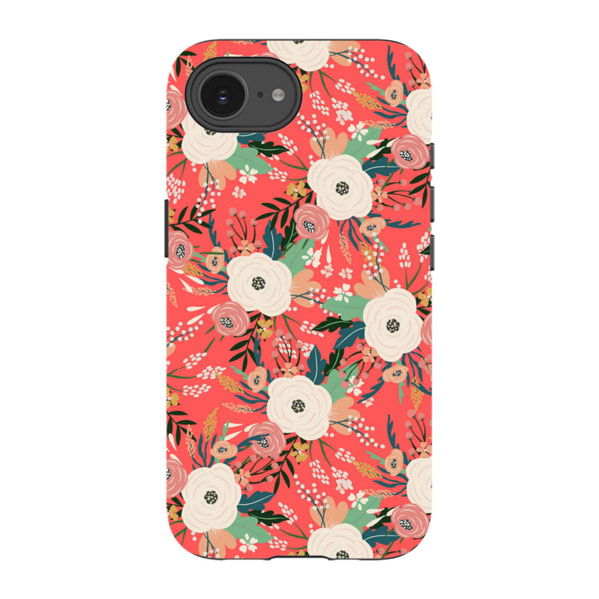 iPhone tough case featuring a vibrant coral background with a detailed floral pattern of white and pink blossoms.