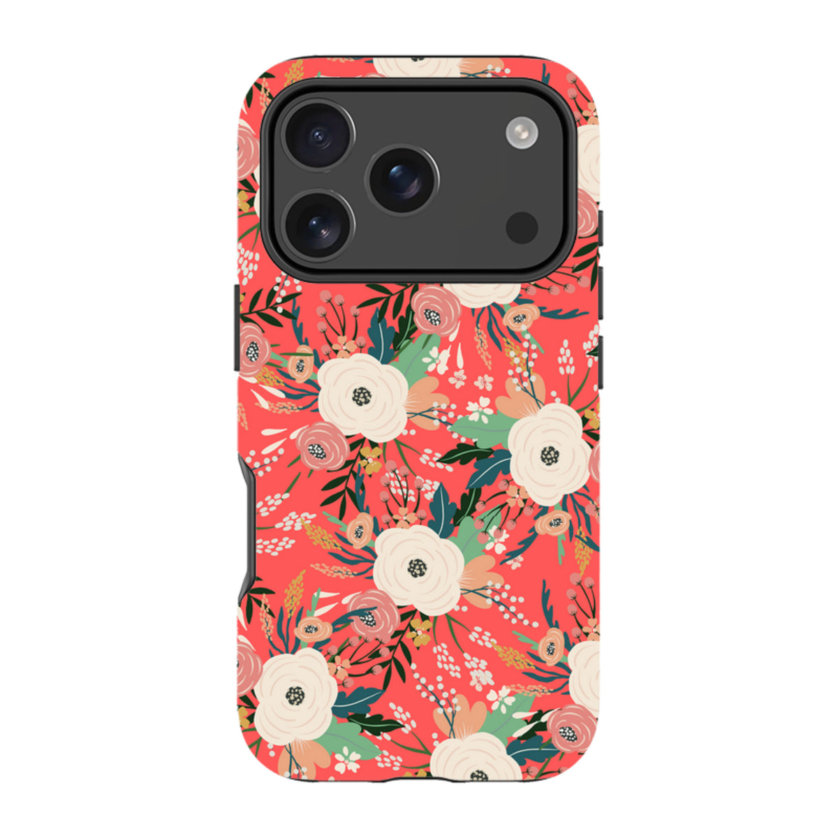 iPhone Tough Case featuring a vibrant red floral pattern with white flowers and green leaves, dual-layer protective design.