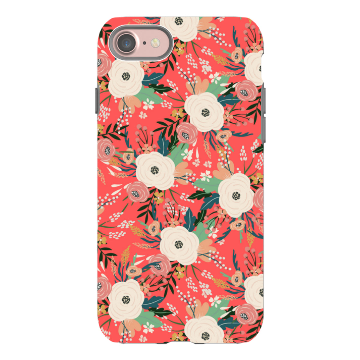 iPhone tough case featuring a vibrant red floral pattern with white and pink blossoms and deep green foliage.