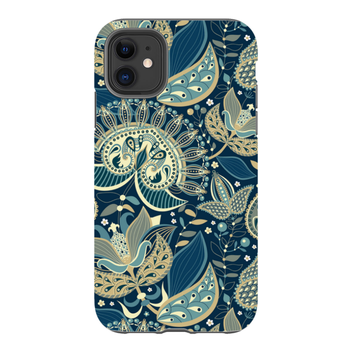 iPhone tough case featuring a dark blue floral paisley pattern with intricate cream and teal decorative accents.
