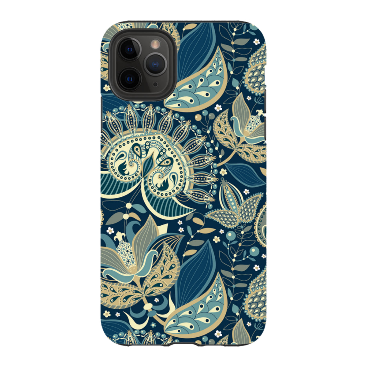 iPhone Tough Case in Wedmore design featuring a dark blue floral paisley pattern with cream and teal accents.