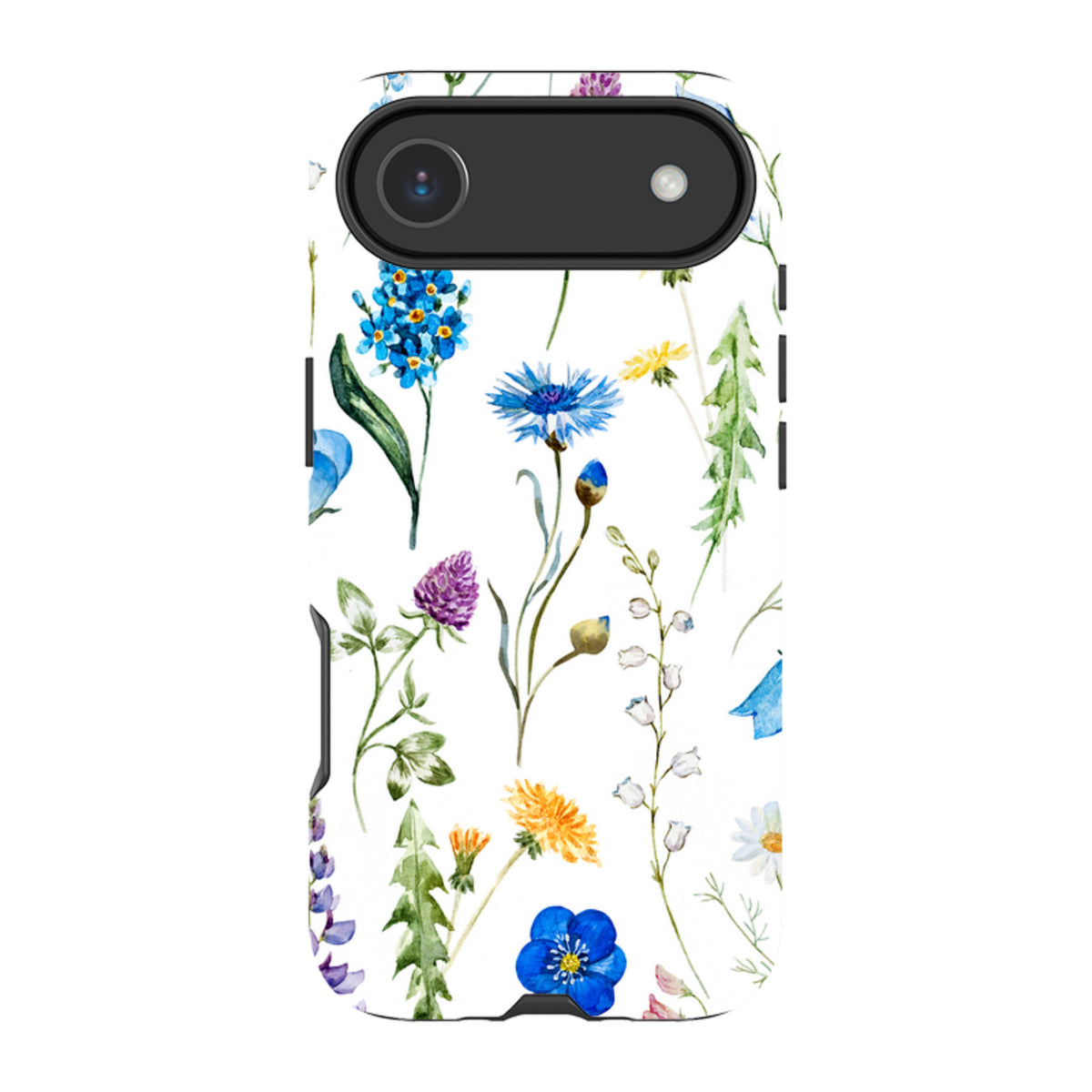 iPhone Tough Case with a white background featuring a colorful watercolor wildflower and botanical floral pattern.