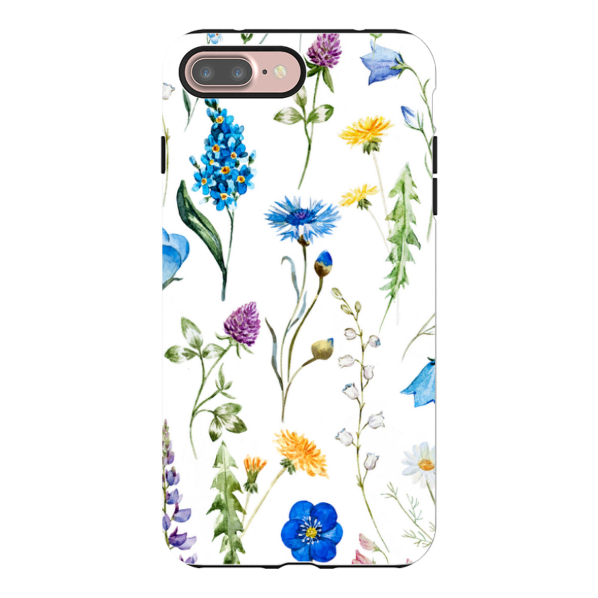 iPhone Tough Case featuring a watercolor floral pattern with blue, yellow, and purple wildflowers on a white background.