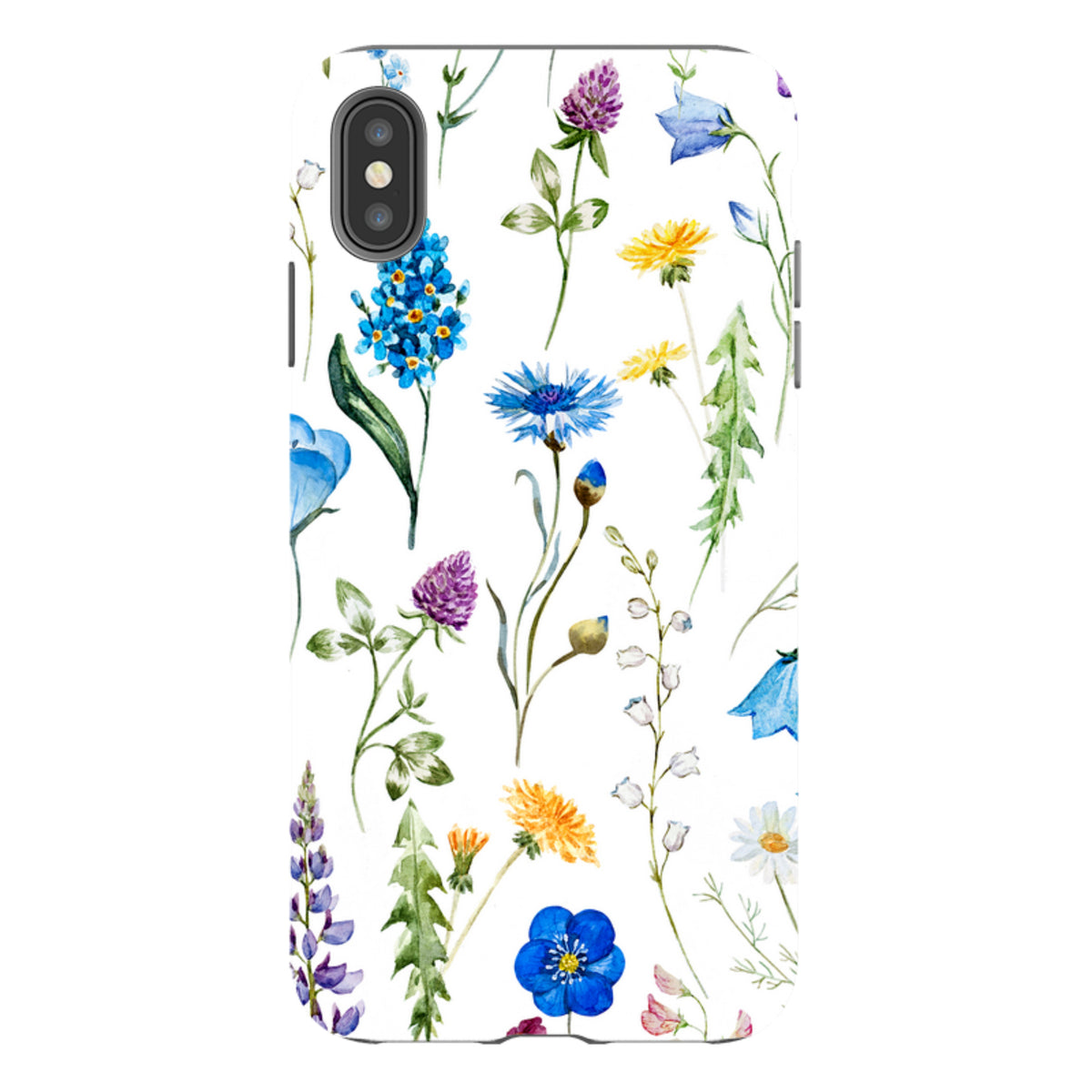 iPhone Tough Case with a white background featuring a colorful, high-definition watercolor print of assorted wildflowers.