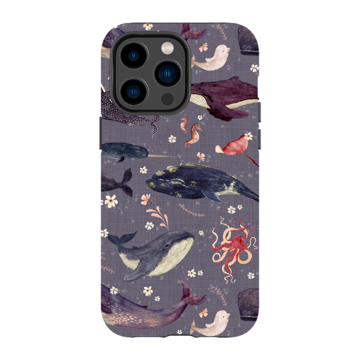 Lavender iPhone tough case featuring Katherine Quinn’s whale, octopus, and narwhal artwork with a protective dual-layer design.