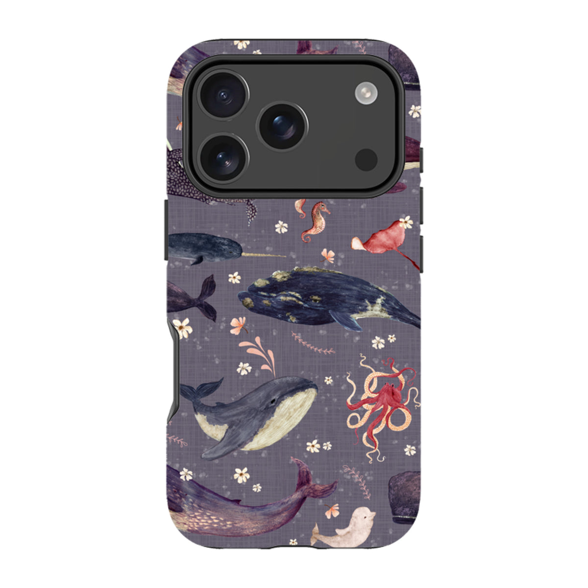 Lavender iPhone tough case featuring a whimsical watercolor pattern of whales, sea creatures, and small floral accents.