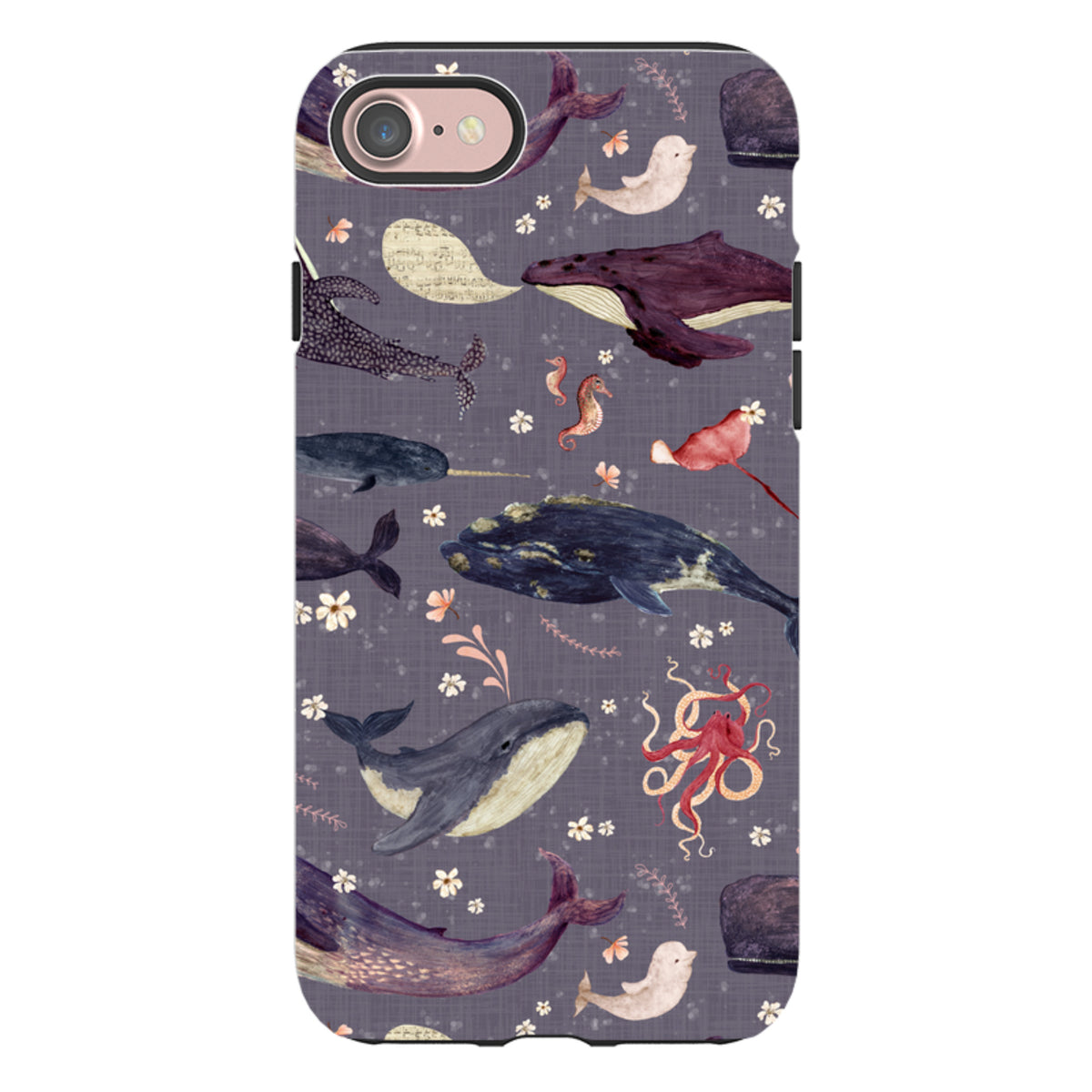 Lavender iPhone tough case featuring a whimsical whale, octopus, and floral pattern by artist Katherine Quinn.