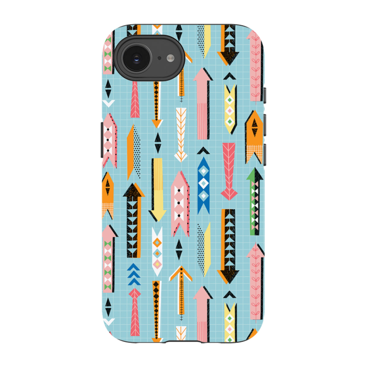 iPhone tough case with a light blue grid background and colorful, patterned arrow designs by Ali Brookes.