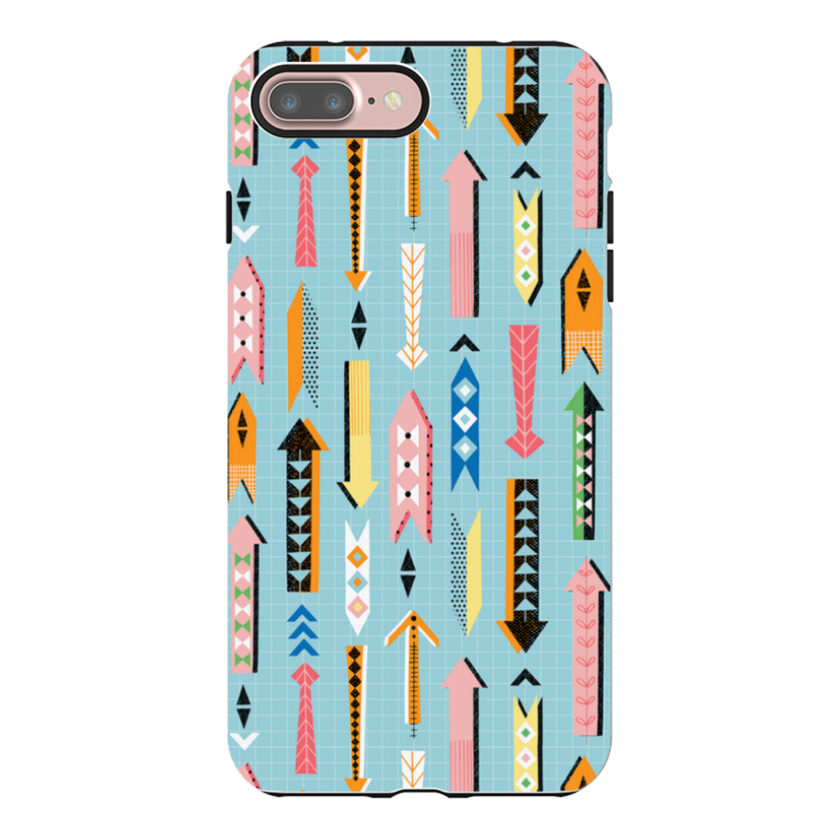 iPhone tough case with a light blue grid background and colorful, patterned arrow designs by Ali Brookes.