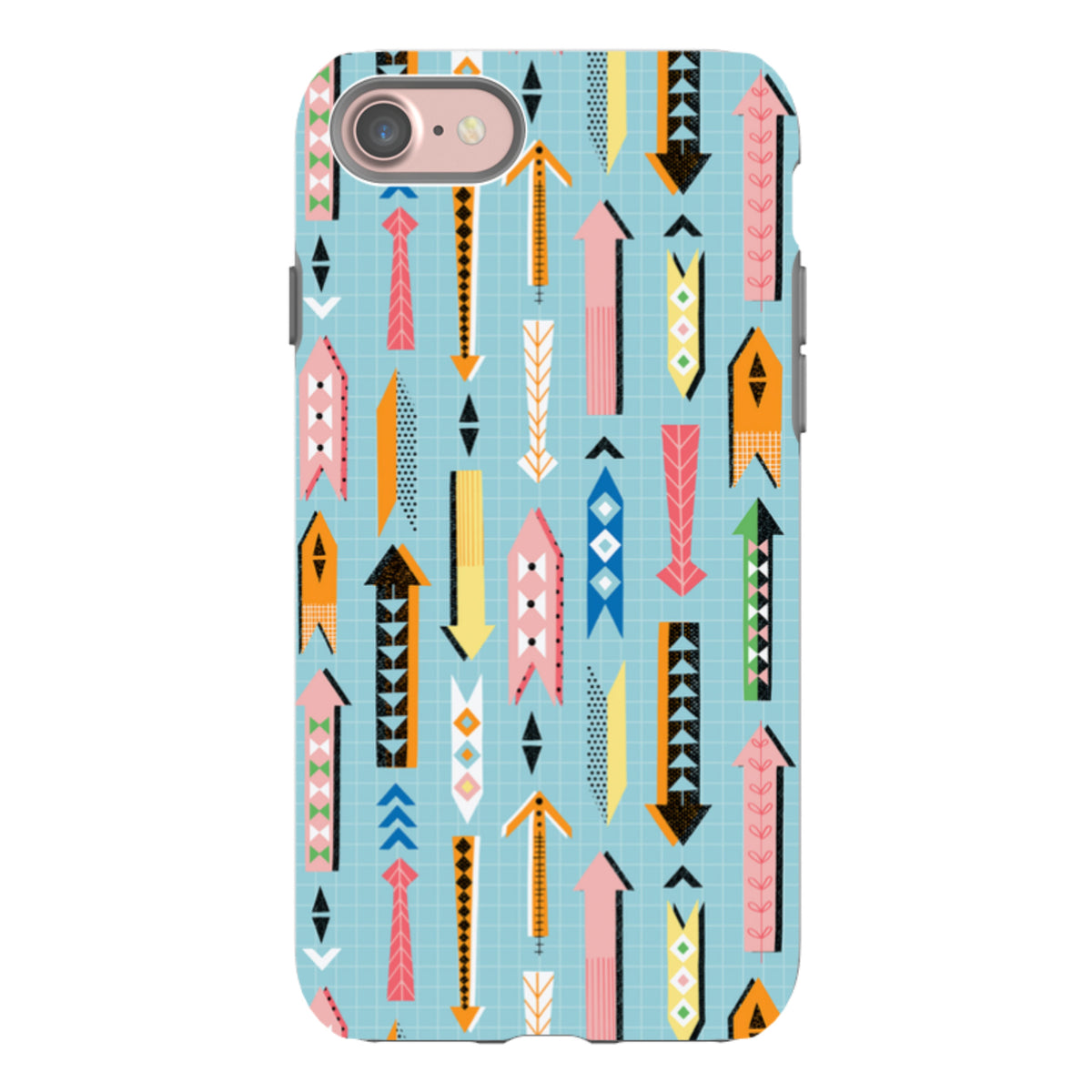 iPhone tough case featuring a colorful, patterned arrow design on a light blue grid background with dual-layer protection.