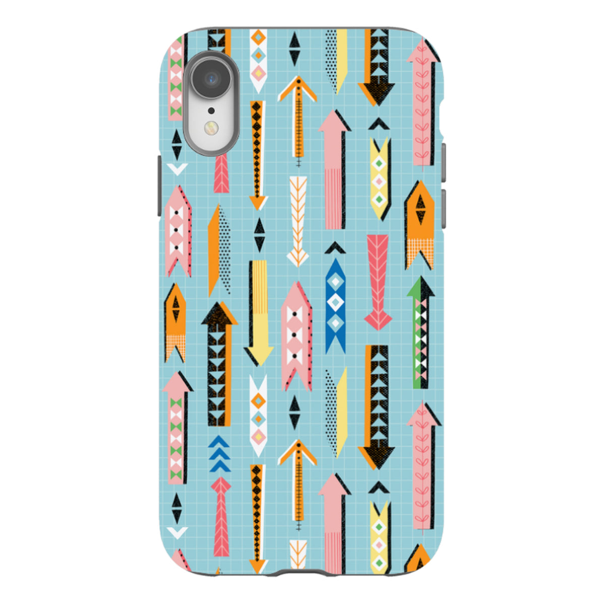 iPhone tough case with a light blue grid background and colorful, patterned arrow illustrations in a dual-layer design.
