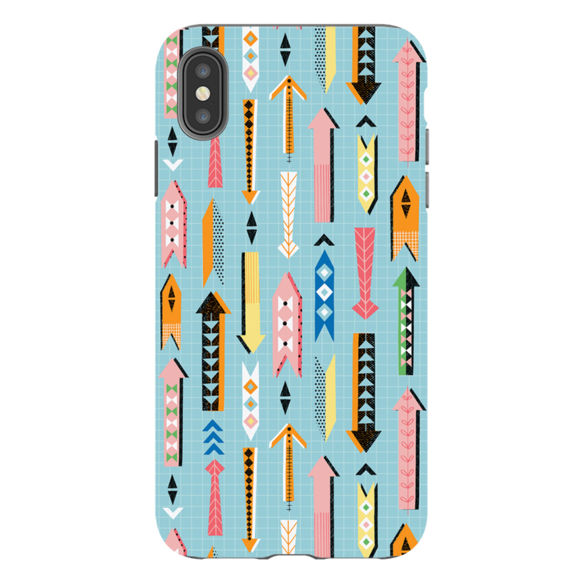 iPhone tough case featuring a colorful, patterned arrow design on a light blue grid background with dual-layer protection.