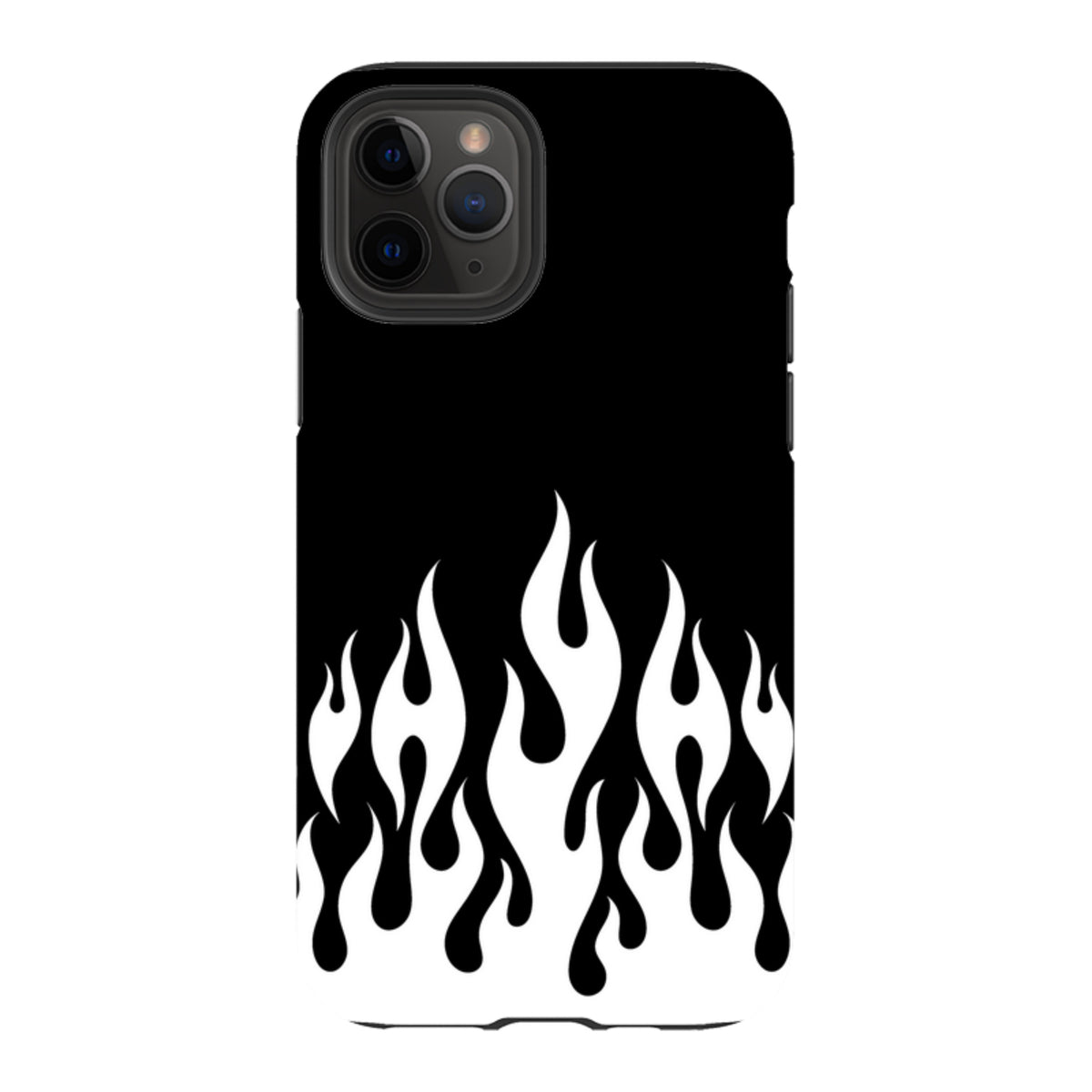 iPhone tough case with a black background and white flame graphic design, featuring a durable dual-layer protective shell.