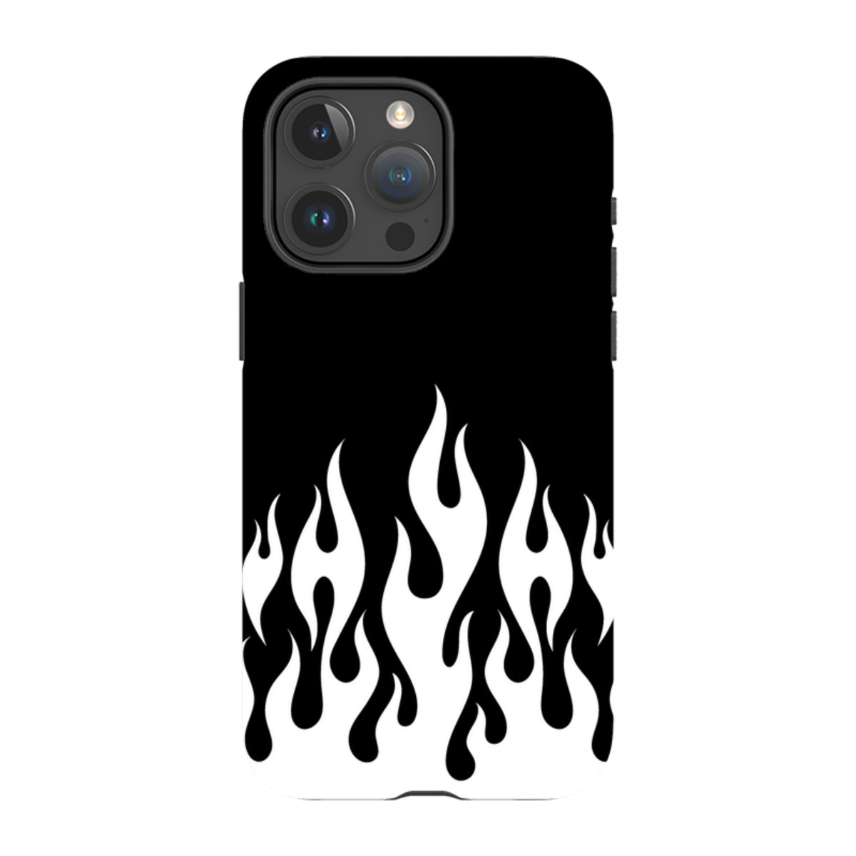Dual-layer iPhone tough case featuring a black background with a bold, white flame pattern design.