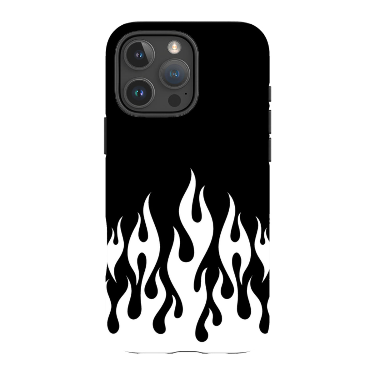 iPhone tough case with a black top and white flame graphic design, featuring a durable dual-layer protective shell.