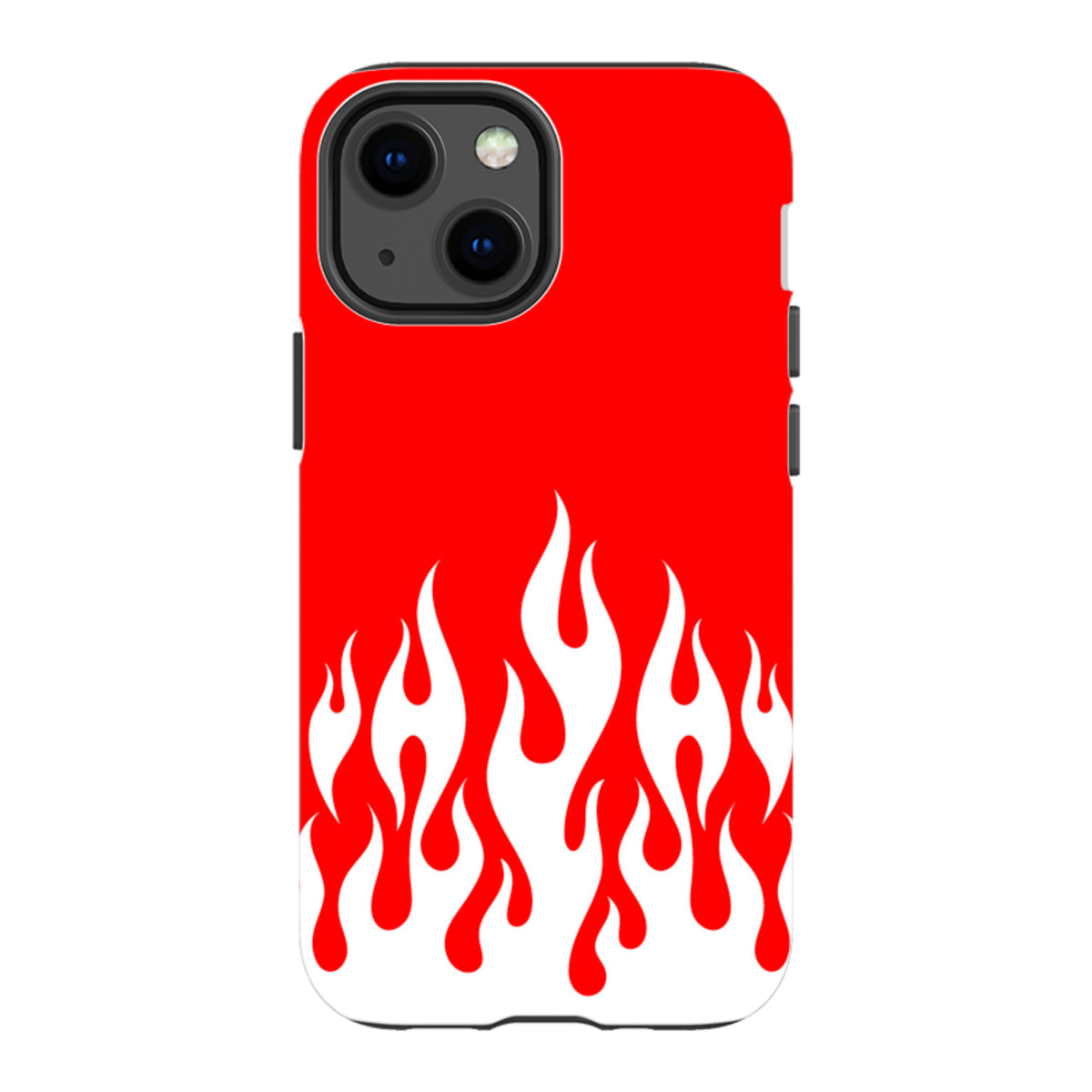 iPhone tough case with a vibrant red background and white flame pattern, featuring a dual-layer protective design.