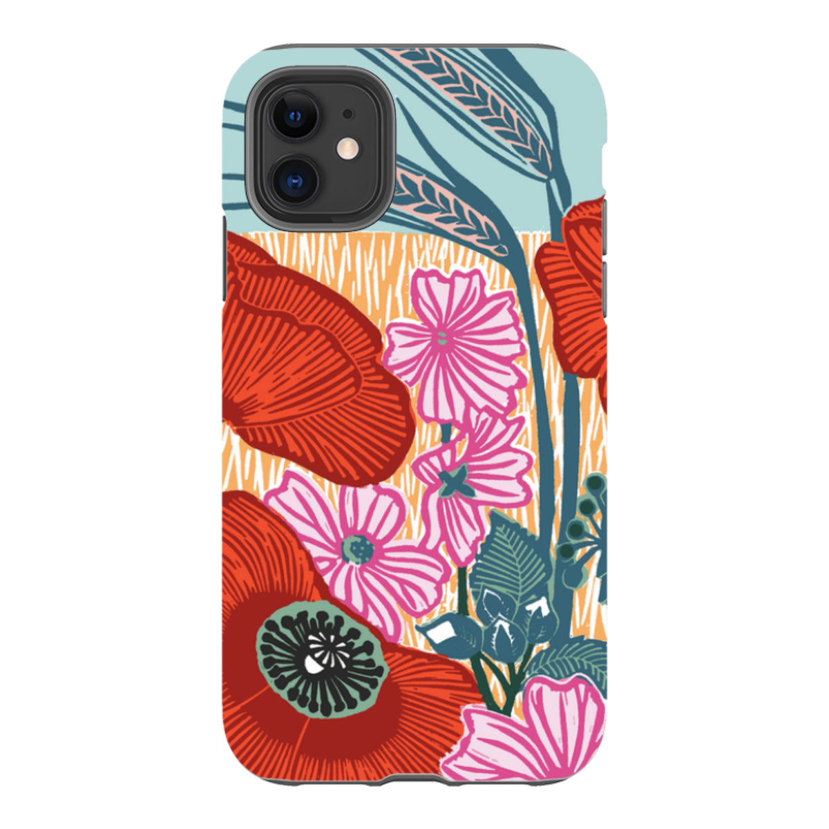 iPhone tough case featuring Kate Heiss Wild Poppies art with red and pink flowers on a textured orange and blue background.