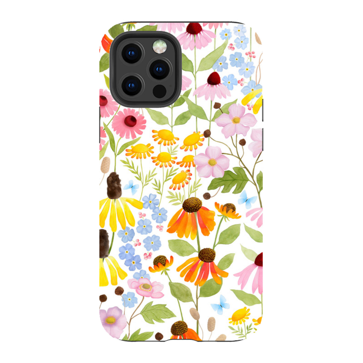 iPhone tough case featuring a vibrant wildflower watercolor pattern with colorful blooms and green foliage.