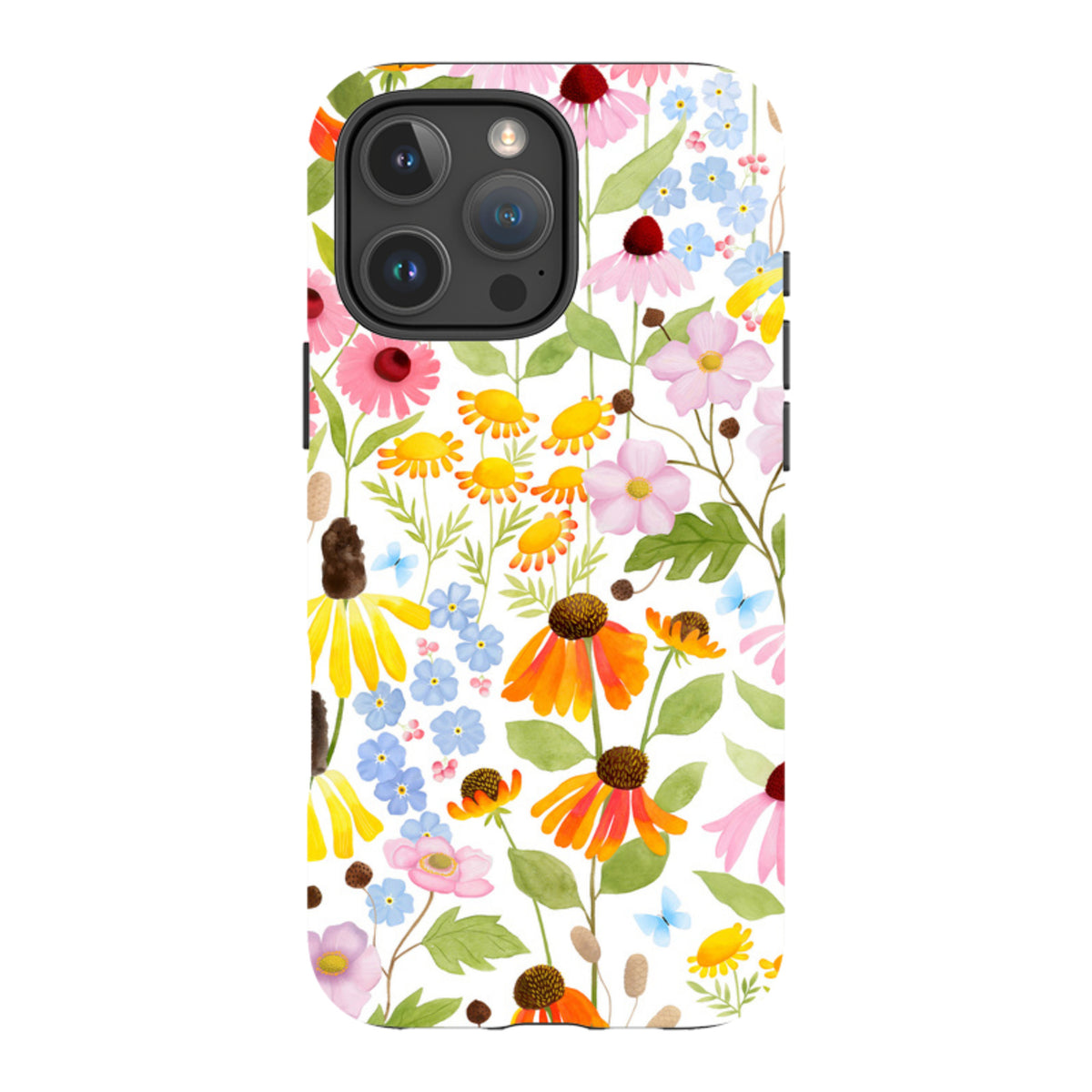 iPhone tough case featuring a colorful wildflower watercolor print with pink, orange, and blue flowers on white.