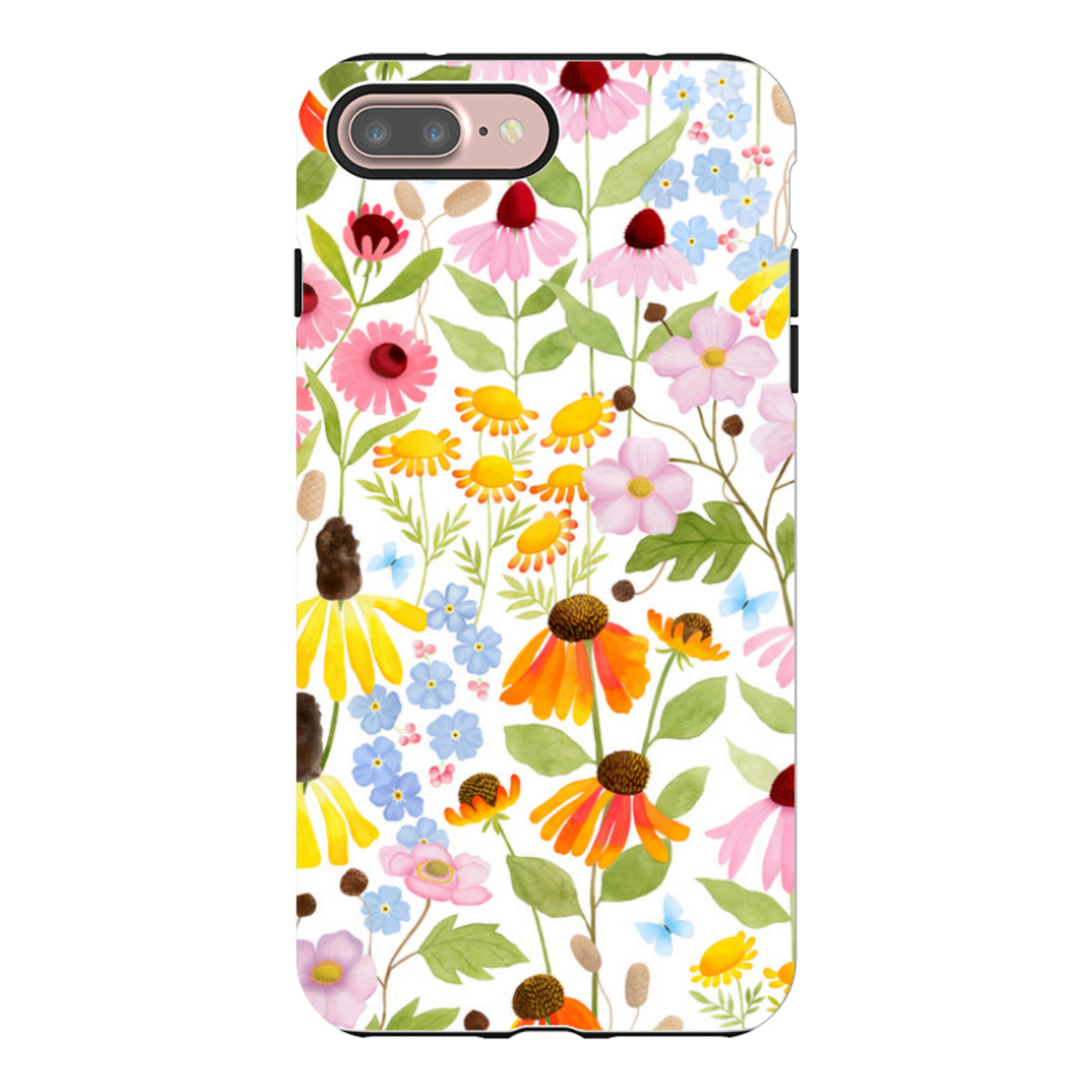 iPhone tough case featuring a colorful wildflower pattern by Bex Parkin on a white background with dual-layer protection.