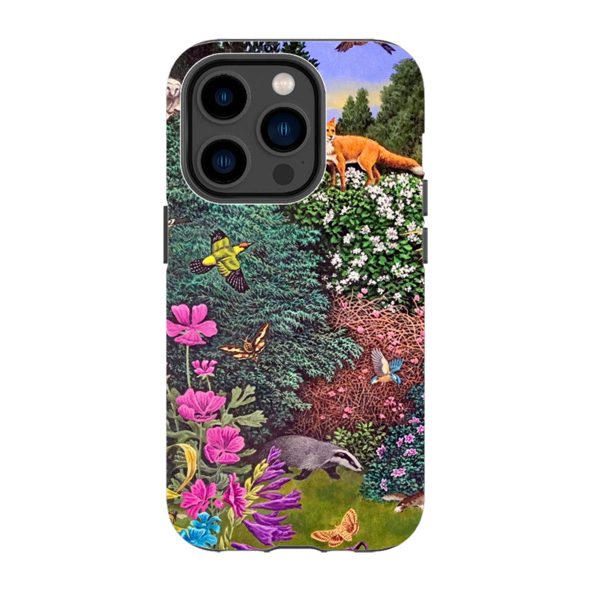 iPhone Tough Case featuring Philip Hood's Wimbledon Garden art with a fox, badger, birds, and colorful flowers.