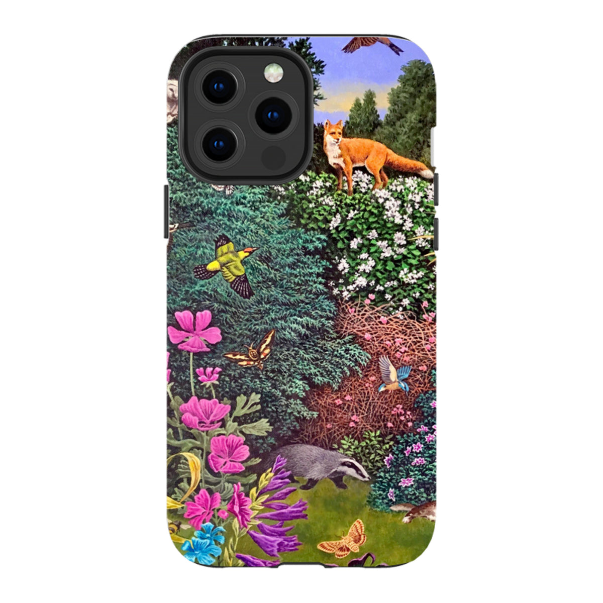 iPhone tough case featuring Philip Hood's Wimbledon Garden art with a fox, badger, birds, and flowers in vibrant colors.