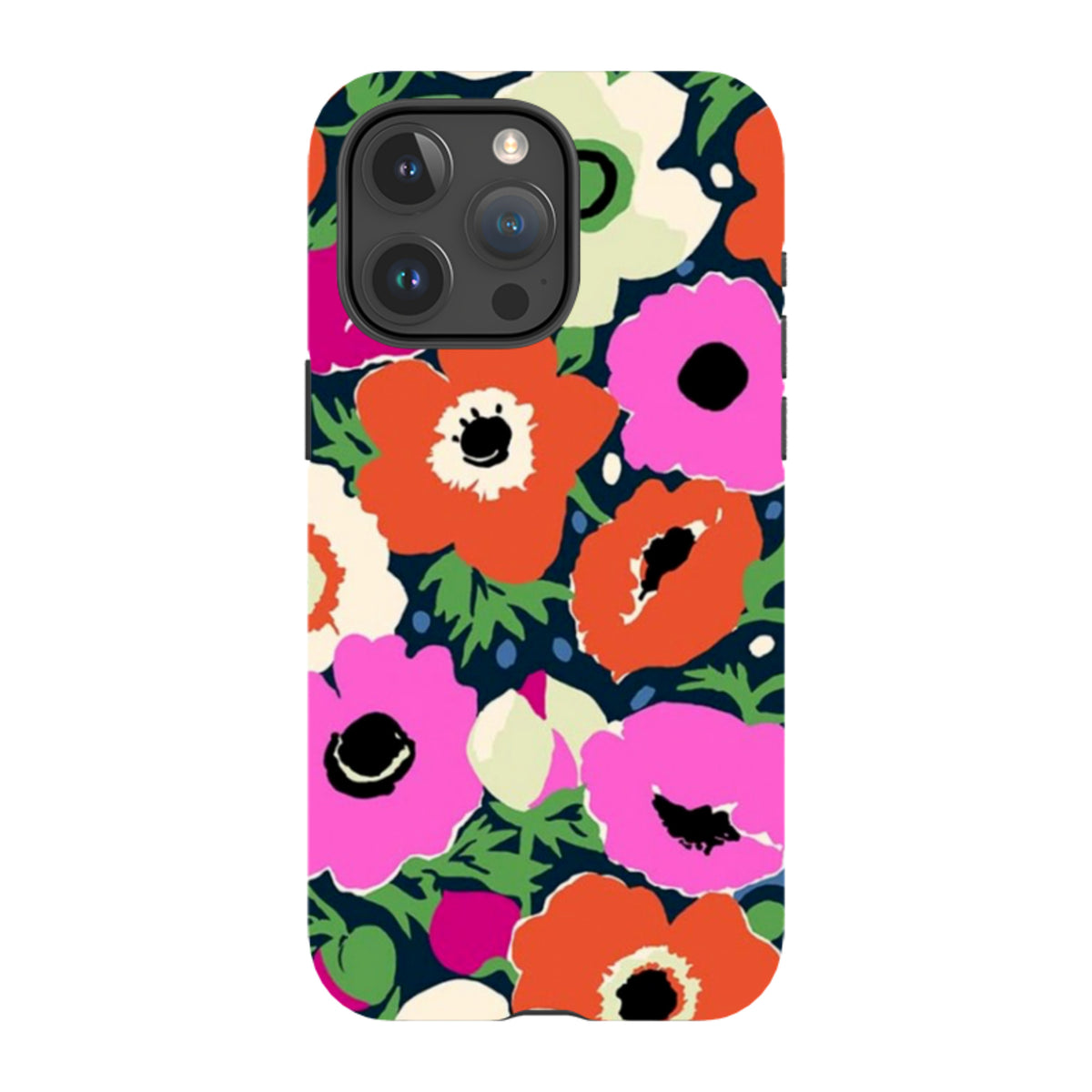 iPhone Tough Case featuring a vibrant Windflowers floral print by Sarah Campbell on a dark blue background.