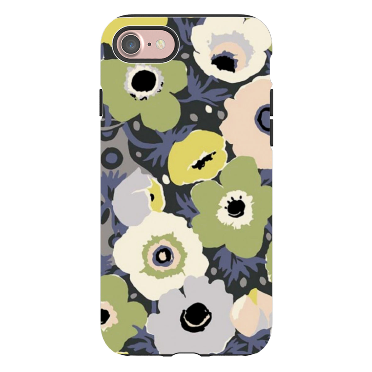iPhone tough case with a Sarah Campbell Windflowers floral print in shades of green, grey, and cream on a dark background.