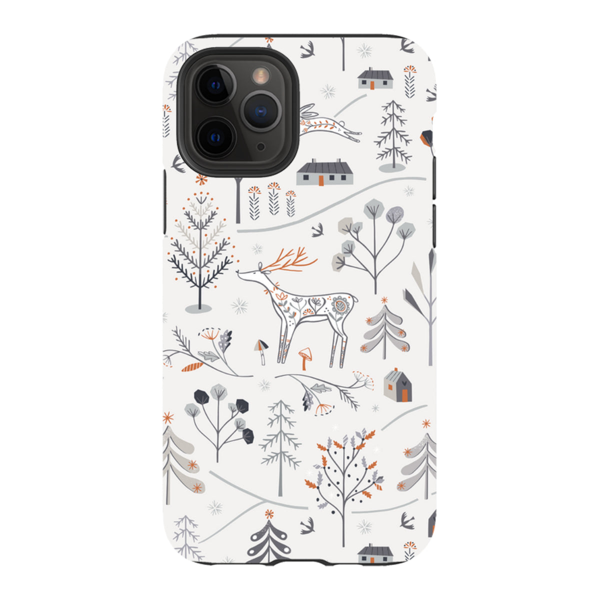 iPhone tough case featuring Ali Brookes' Winterfold A pattern with deer, trees, and cabins in grey and orange on white.