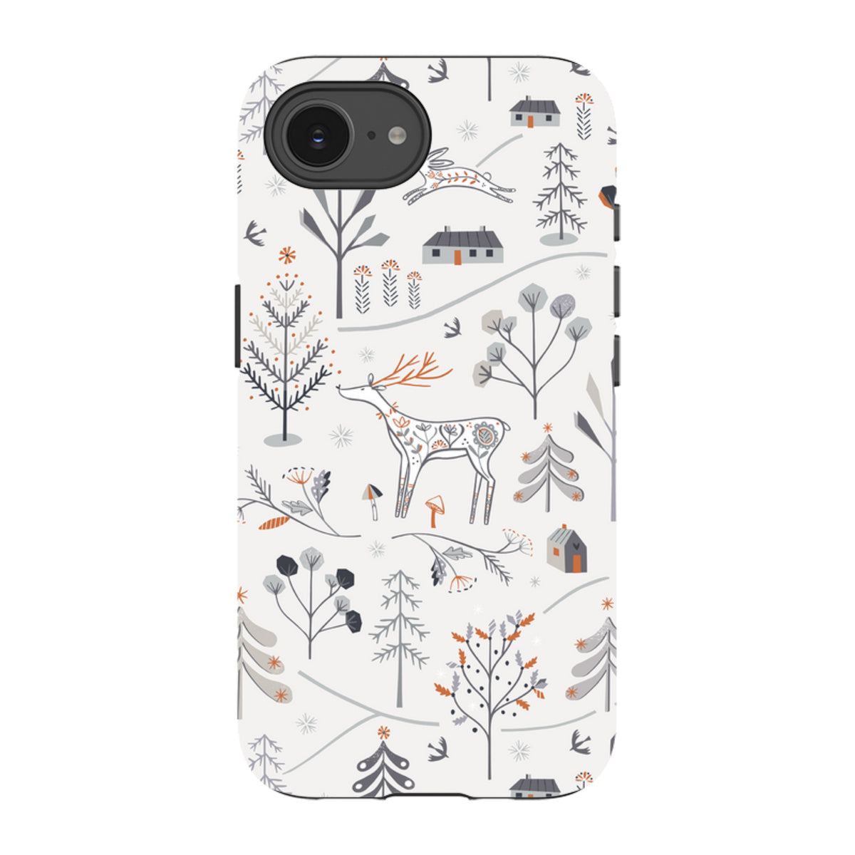 iPhone tough case featuring a white winter forest pattern with a deer, trees, and cabins in grey and orange tones.