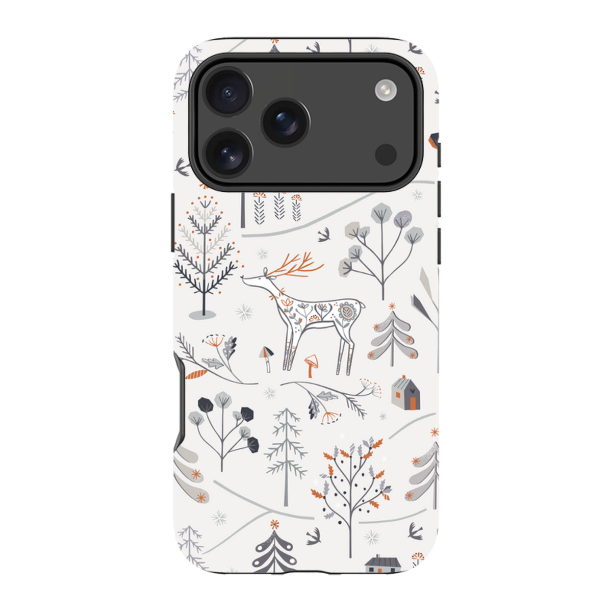 iPhone tough case featuring a white winter forest pattern with a deer, trees, and houses in grey and orange accents.