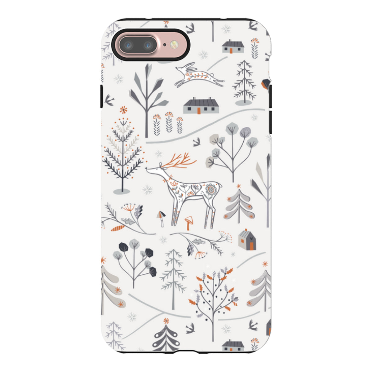 Dual-layer iPhone case with a Winterfold forest pattern featuring deer, rabbits, trees, and cabins in grey and orange.