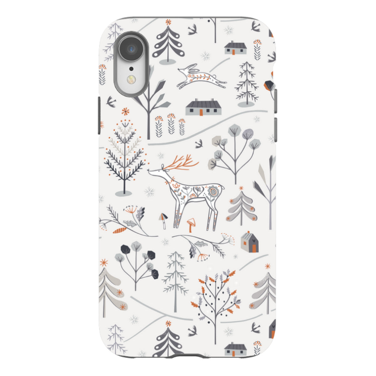 Dual-layer iPhone tough case featuring a white winter forest pattern with a deer, rabbit, and trees by Ali Brookes.