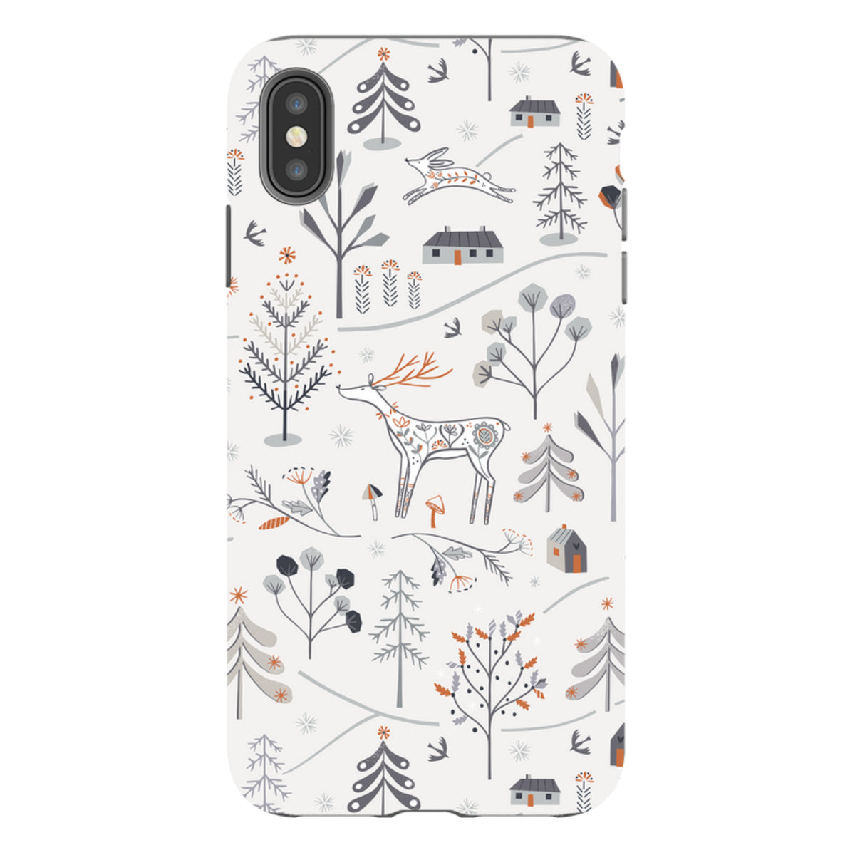 iPhone tough case featuring a Winterfold forest pattern with deer, rabbits, and trees in grey, white, and orange.