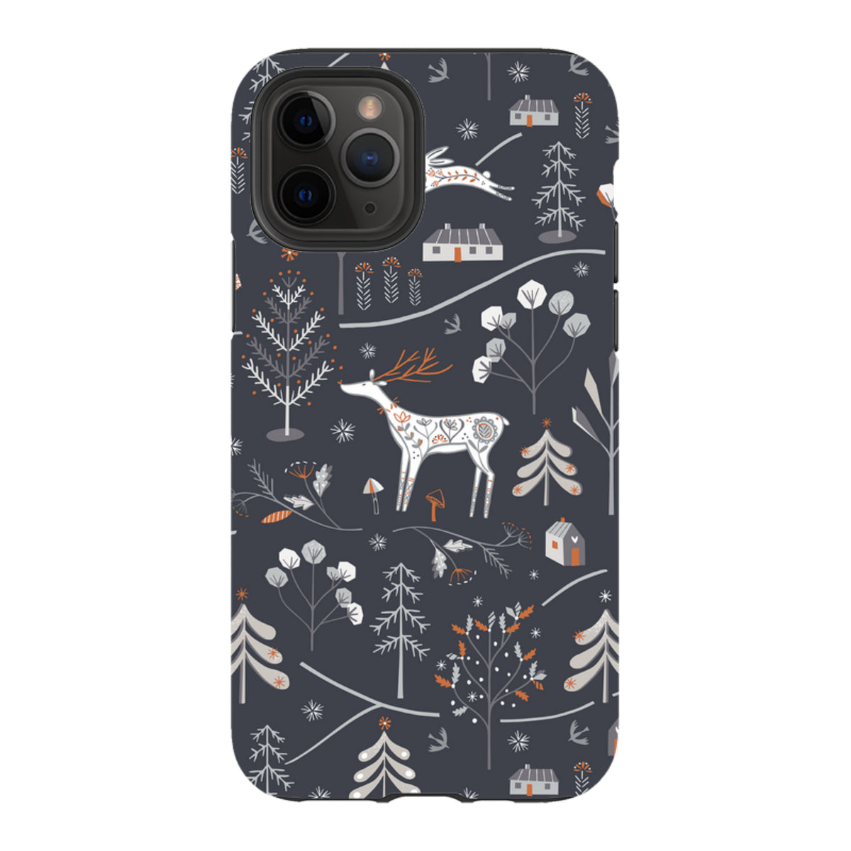 Dual-layer iPhone case with a dark grey winter forest pattern featuring white deer, trees, and cabins by Ali Brookes.