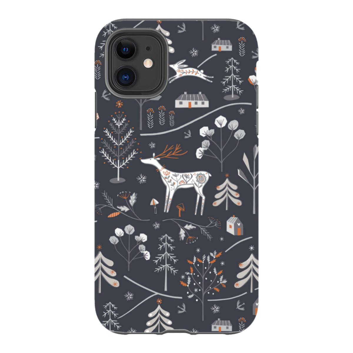 Dual-layer iPhone case featuring a dark grey winter forest pattern with white deer, trees, and cabins by Ali Brookes.