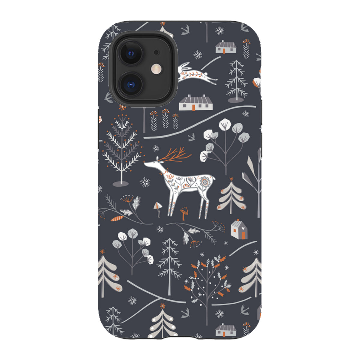 Dual-layer iPhone case featuring a dark grey winter forest pattern with white deer, trees, and cabins by Ali Brookes.