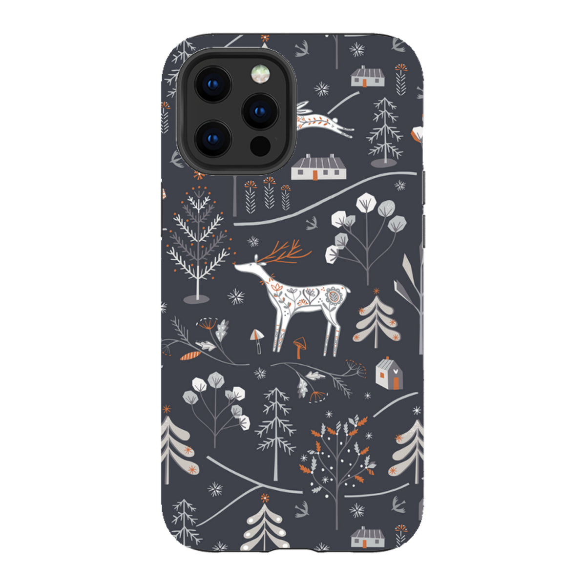 iPhone tough case featuring a dark grey winter forest pattern with white deer, stylized trees, and small cabins.