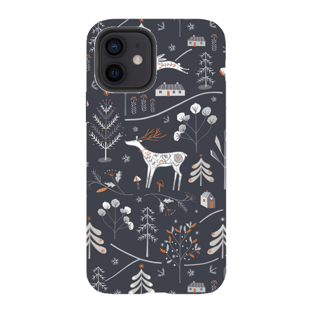 iPhone tough case with a dark gray winter forest pattern featuring white deer, stylized trees, and small cottages.