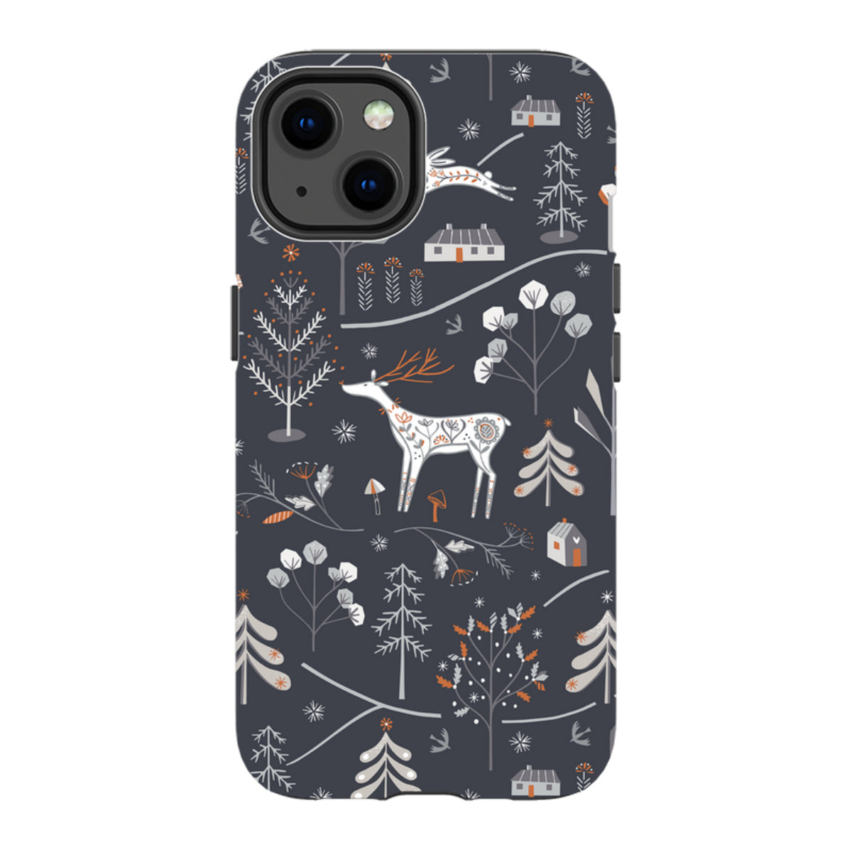 Dual-layer iPhone case featuring a dark grey winter forest pattern with white deer, trees, and cabins by Ali Brookes.