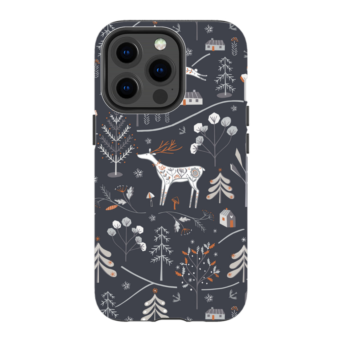iPhone tough case featuring a dark grey winter forest pattern with white deer, stylized trees, and small cabins.