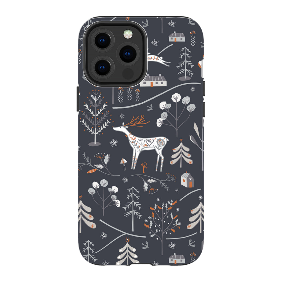 Dual-layer iPhone case featuring a dark grey winter forest pattern with white deer, trees, and cabins by Ali Brookes.