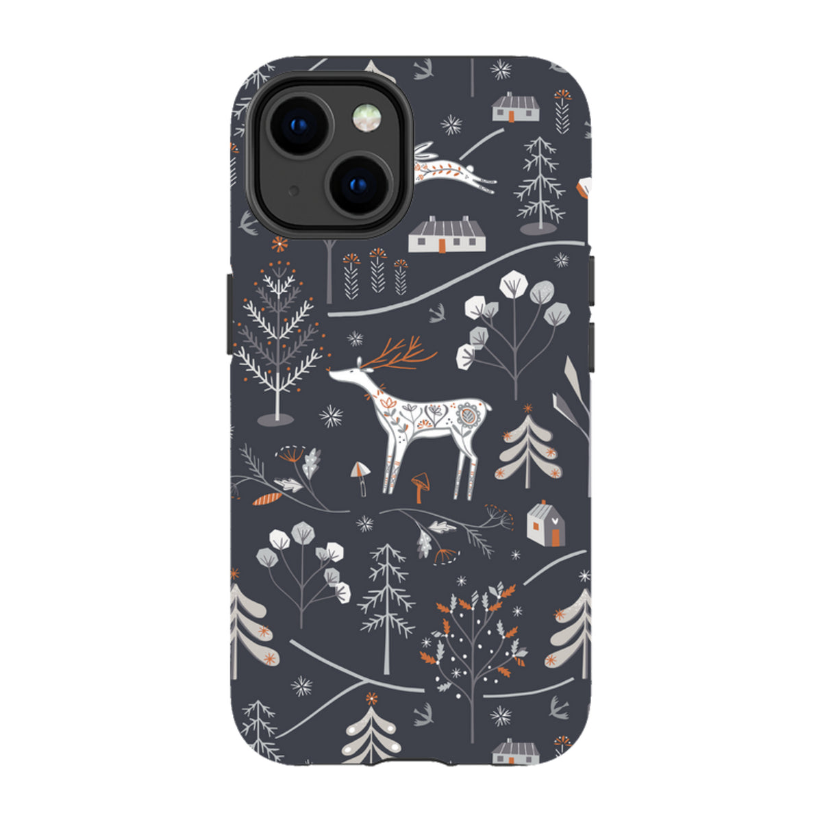 Dual-layer iPhone case featuring a dark grey winter forest pattern with white deer, stylized trees, and small cabins.