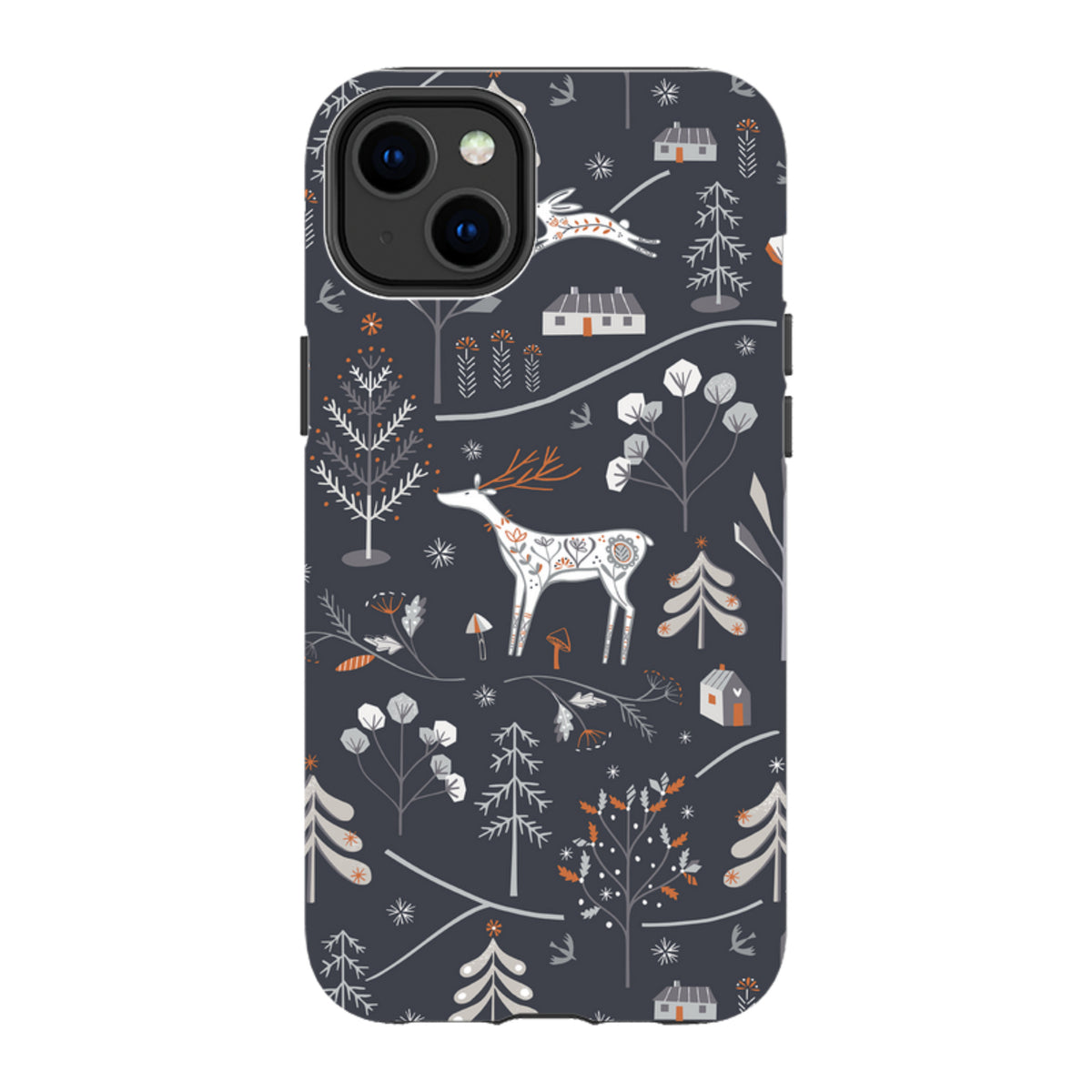 iPhone tough case featuring a dark grey winter forest pattern with white deer, trees, and cabins by Ali Brookes.