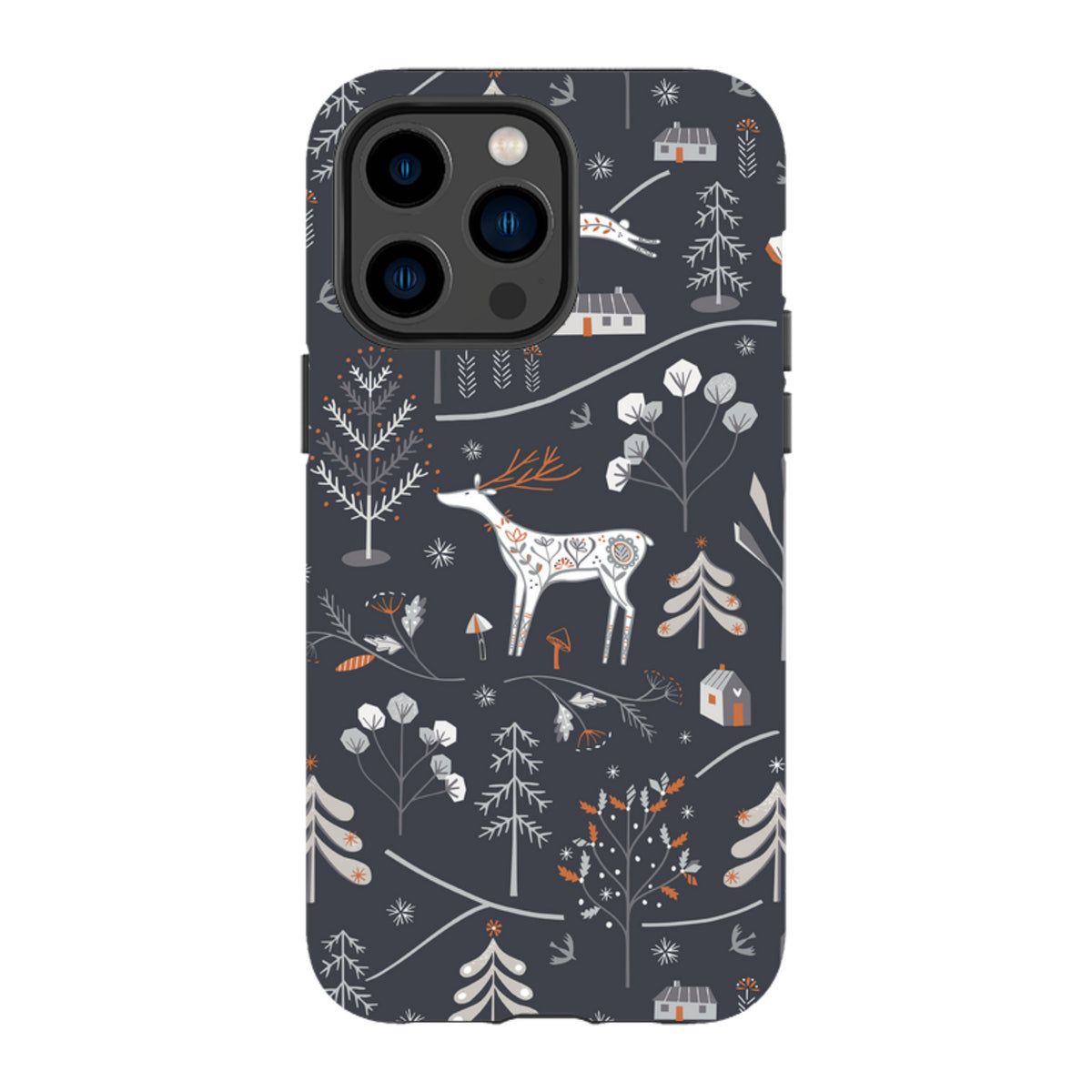 iPhone tough case with dark grey Winterfold B deer and forest pattern by Ali Brookes, featuring dual-layer protection.
