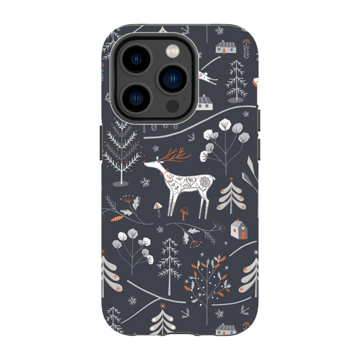 iPhone tough case featuring a dark gray winter forest pattern with a white deer, stylized trees, and small cabins.