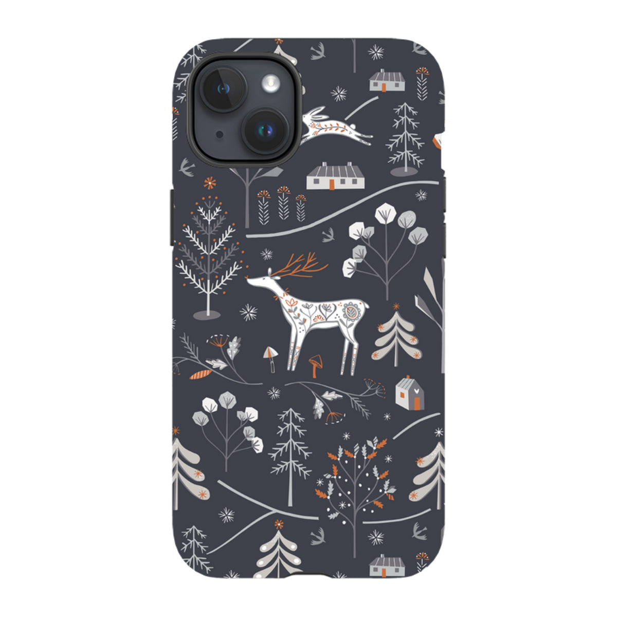 iPhone tough case with a dark grey winter forest pattern featuring white deer, trees, and cabins by Ali Brookes.