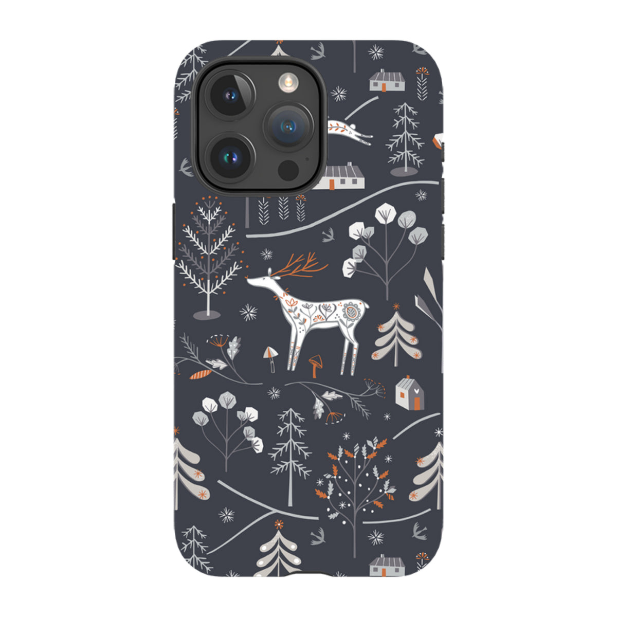 iPhone tough case featuring a dark blue winter forest pattern with white deer, stylized trees, and cabins.