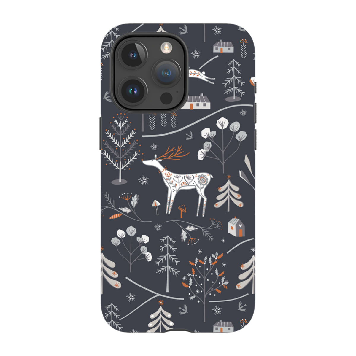 Dual-layer iPhone tough case featuring a dark grey winter forest pattern with white deer, trees, and cabin illustrations.